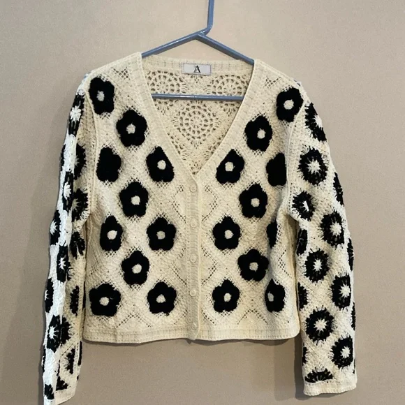 Floral Crochet Cardigan Sweater - Black and Cream - Picture 1 of 3